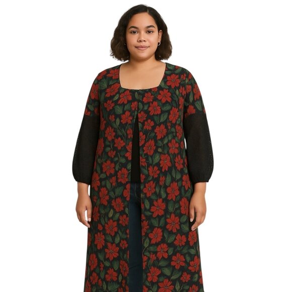 Torrid Floral Chiffon Long Duster Green Size 1X Bohemian Coastal Festival Hippie - Picture 1 of 13